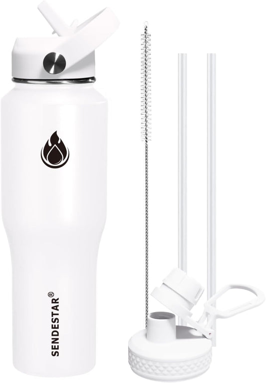 SENDESTAR 32oz Water Bottle Wide Mouth Stainless Steel Vacuum Insulated Double Wall with 2 Straw Lids Fit in Any Car Cup Holder