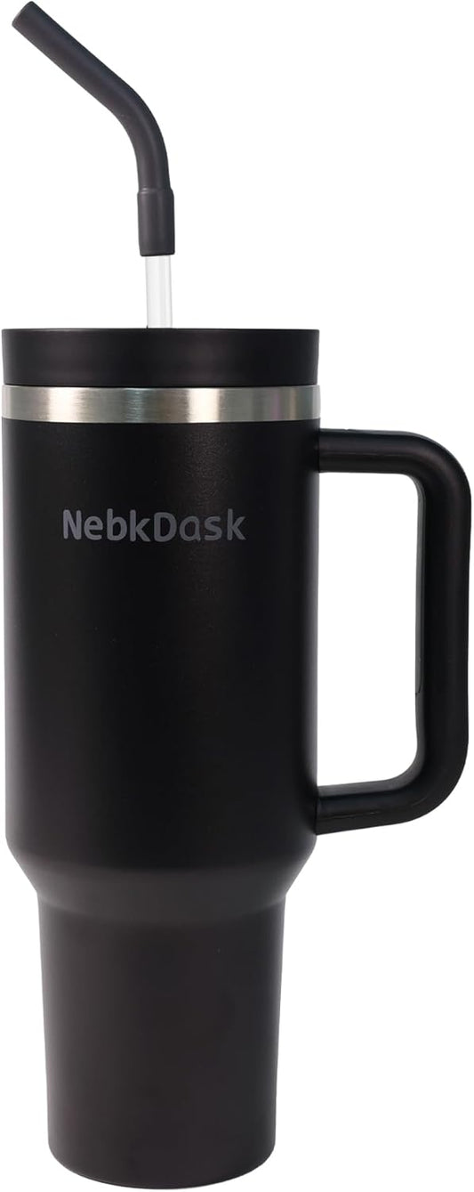 40 oz Water Bottle with Handle & Straw – Insulated Stainless Steel Bottle, Leakproof, Fits in Cup Holder – Reusable Cold Drink Thermos for Women & Men (Black)