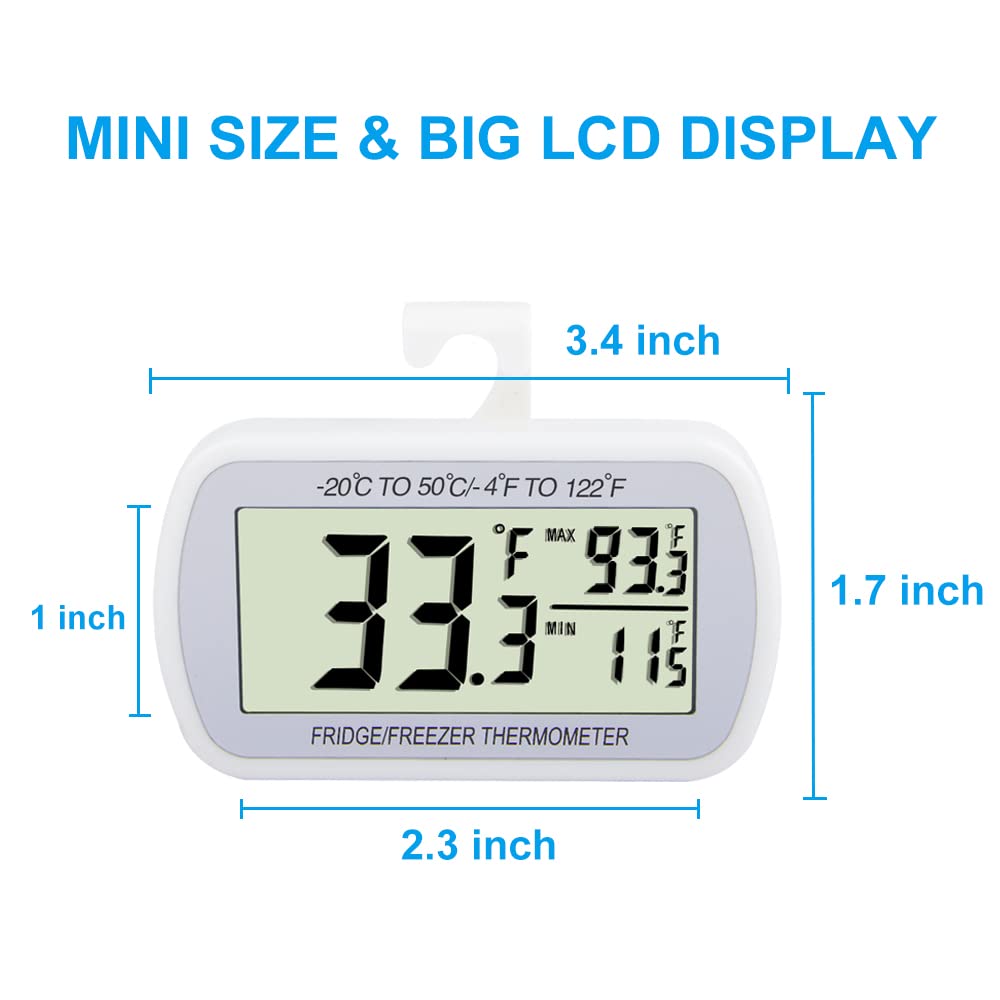 Waterproof Refrigerator Fridge Thermometer, Digital Freezer Room Thermometer, Max/Min Record Function Large LCD Screen and Magnetic Back for Kitchen, Home, Restaurants (4 Pack)
