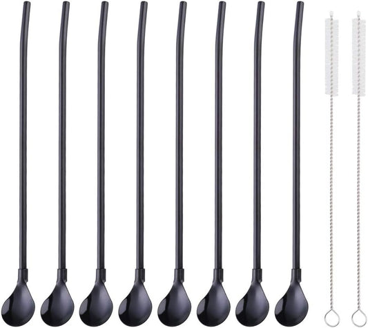 Straws, 8-Piece 8.5inch Black 18/8(304) Stainless Steel Reusable Straws + 2 Brushes
