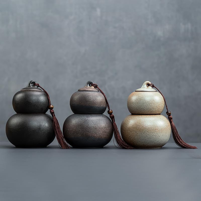 Ceramic Airtight Canister,22 Oz /660ml,Gourd Shap 2 Layers Tea Candy,Food Storage Jar for Coffee,Beans,Herb,Spices,Nuts (Stone Golden)