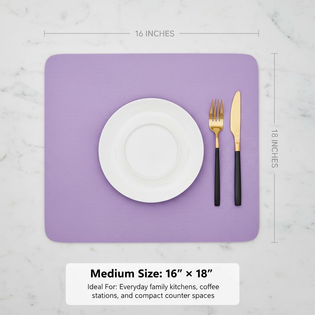 Dish Drying Mat Super Absorbent – 16" x 18" Coffee Mat for Countertops – Non-Slip Drying Mat for Kitchen Counter – Easy to Clean Water Absorbent Mat – Large Dish Drying Mats (Lavender)