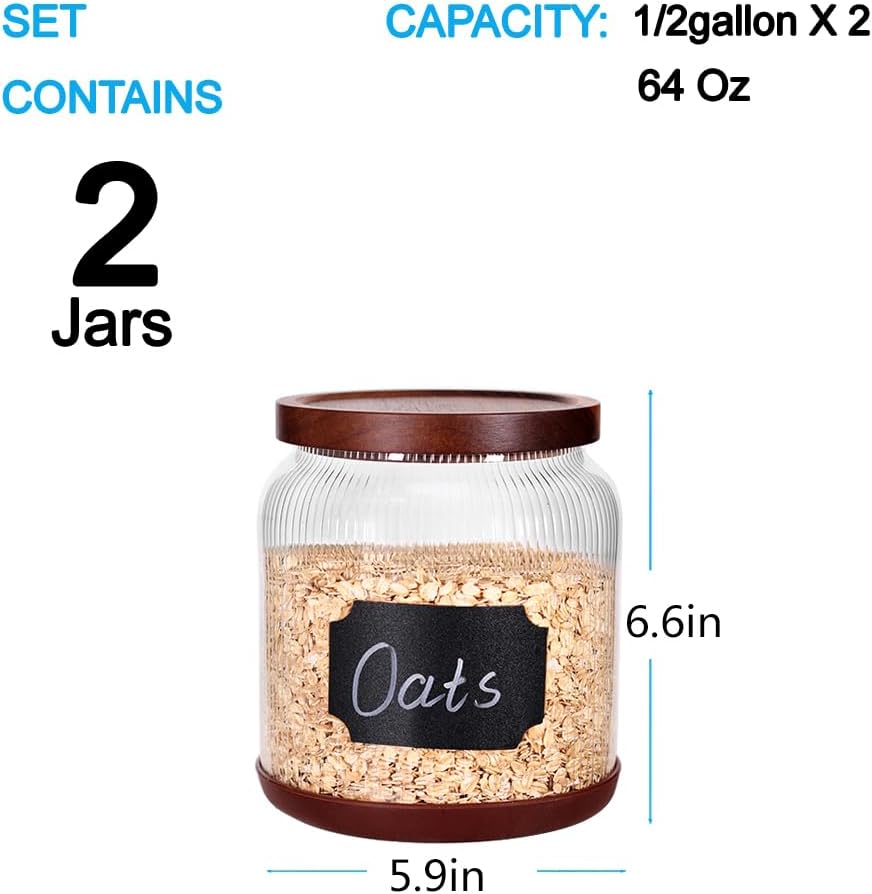 SAIOOL 2-Pack Striped Borosilicate Glass Airtight Canisters - Big mouth Large Capacity, Acacia Wood Lid, Food Storage Jars for Flour, Pasta, Pantry Organization (1/2 Gallon （Striped 2 pack）)