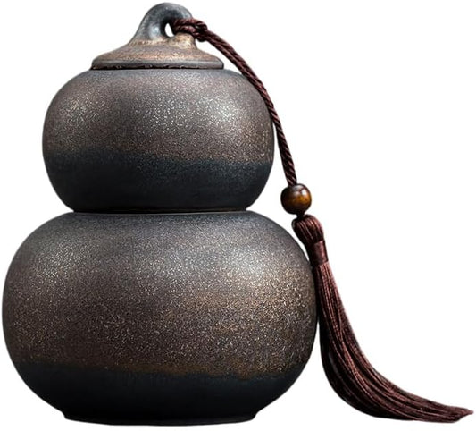 Ceramic Airtight Canister,22 Oz /660ml,Gourd Shap 2 Layers Tea Candy,Food Storage Jar for Coffee,Beans,Herb,Spices,Nuts (Stone Golden)