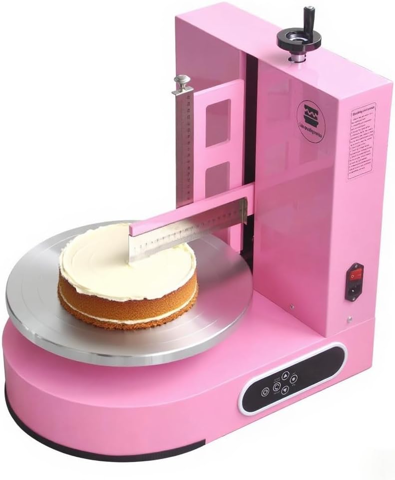Semi Automatic Birthday Cake Smoothing Coating Machine, AC110V 4-14in Cake Cream Spreading Machine, Cakes Decorating Cream Coating Machine Turntable with Graduated Scraper, Baking Supplies (Pink)