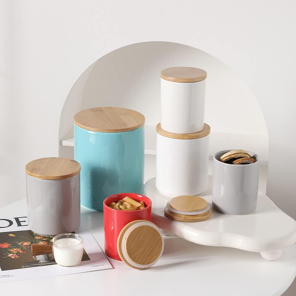 Sweejar Kitchen Canisters Ceramic Food Storage Jar Set, Stackable Containers with Airtight Seal Bamboo Lid for Serving Ground Coffee, Tea,Grains, Herbs,Sugar, Salt and More - Pack of 4（Turquoise）