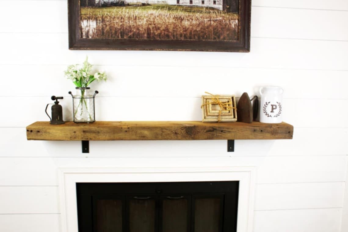 Modern Timber Craft Reclaimed Wood Fireplace Mantel Shelf | Solid Rustic American Barnwood with Steel Floating Shelf Brackets | 2.75" Thickness | 66" L x 8" D, Jacobean, Planed and Sanded