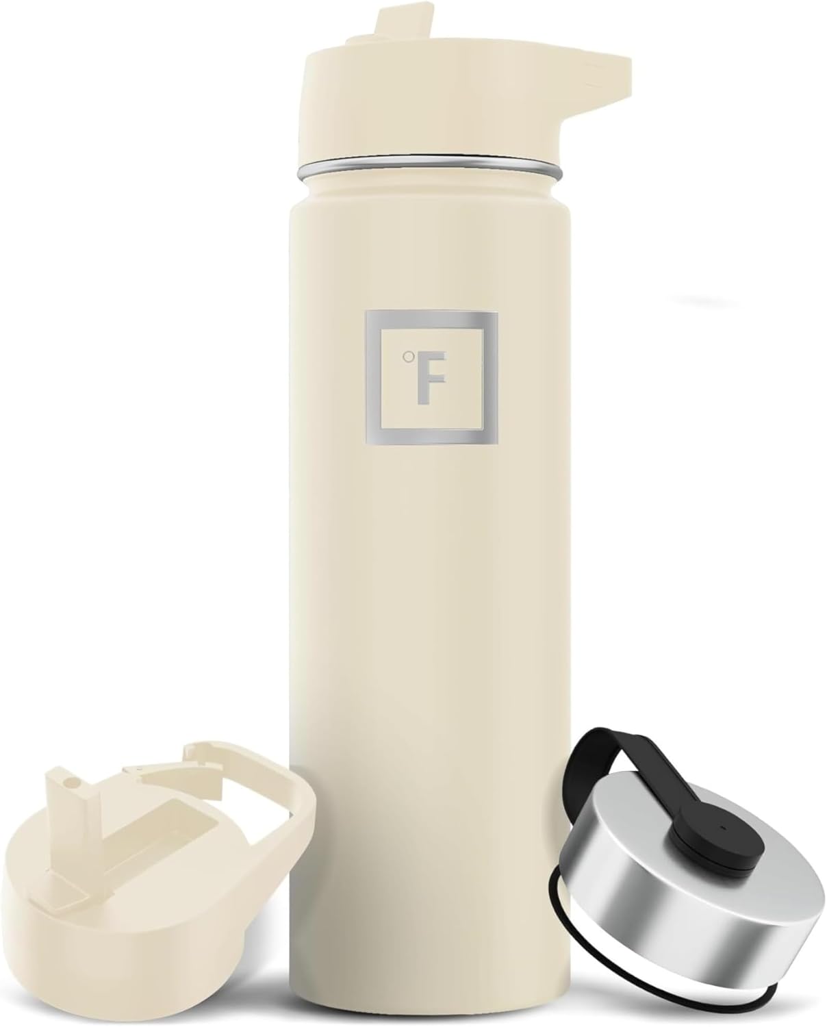 IRON °FLASK Camping & Hiking Hydration Flask with 3 Lids - Stainless Steel, Double Walled & Vacuum Insulated Water Bottle - Leak Proof & BPA Free (Cashmere Cream, Straw - 22 oz)