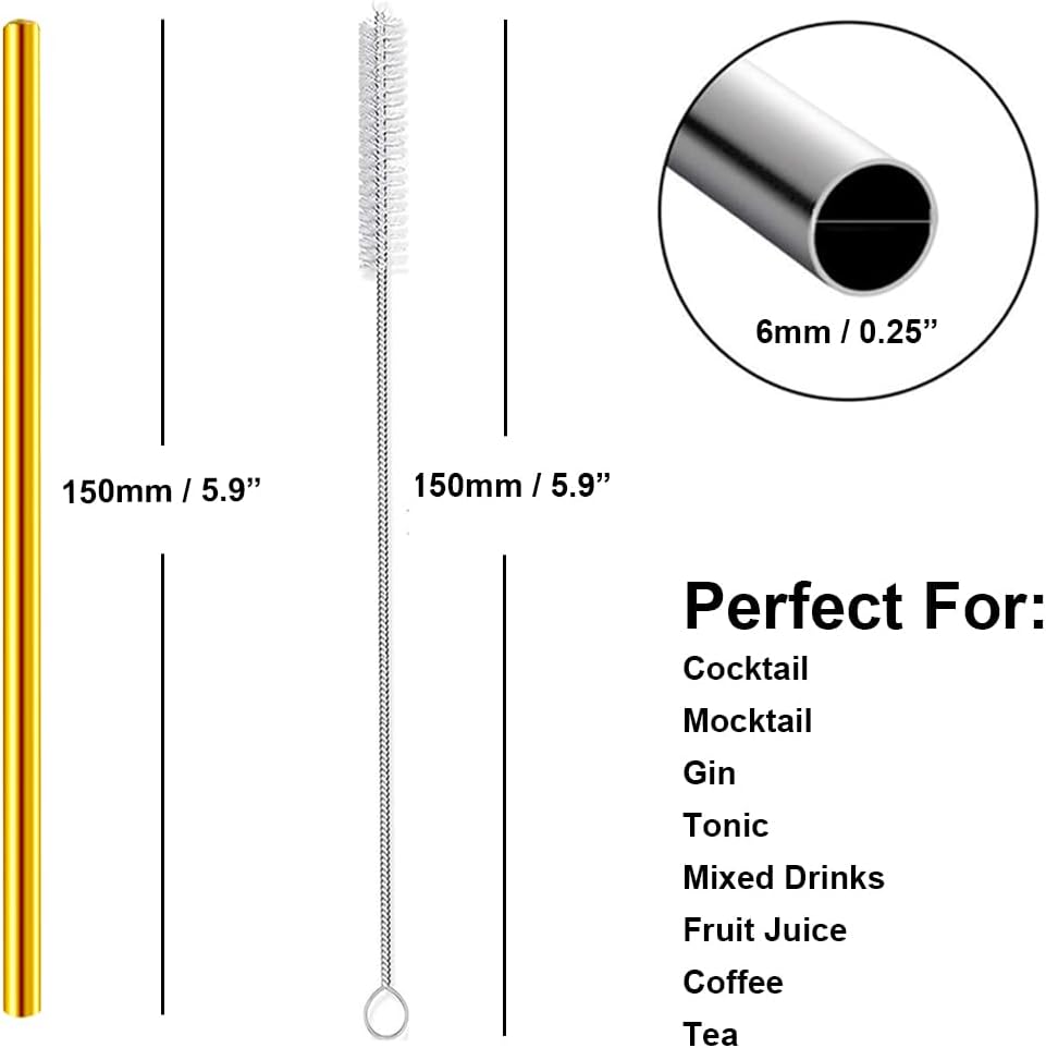 Short Cocktail Straws, Metal Stainless Steel Reusable Small Mini Coffee Stir Drinking Straw for Party Accessories Mason Jar Tumbler Juice Box Tea Coffee Mocktails Mojito Drinks with Brush, Gold 8Pcs