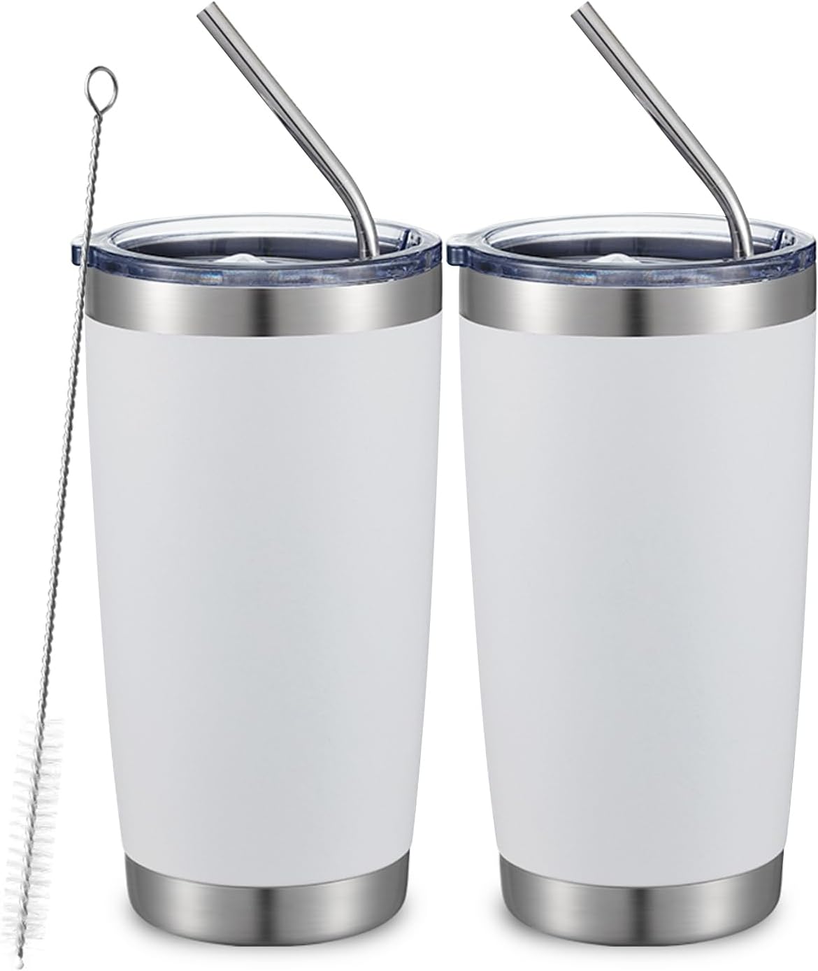 COMOOO 20oz Double Wall Vacuum Insulated Travel Mug, Stainless Steel Tumbler with Lid and Straw Durable Powder Coated Insulated Coffee Cup for Cold & Hot Drinks (White. 2 pack