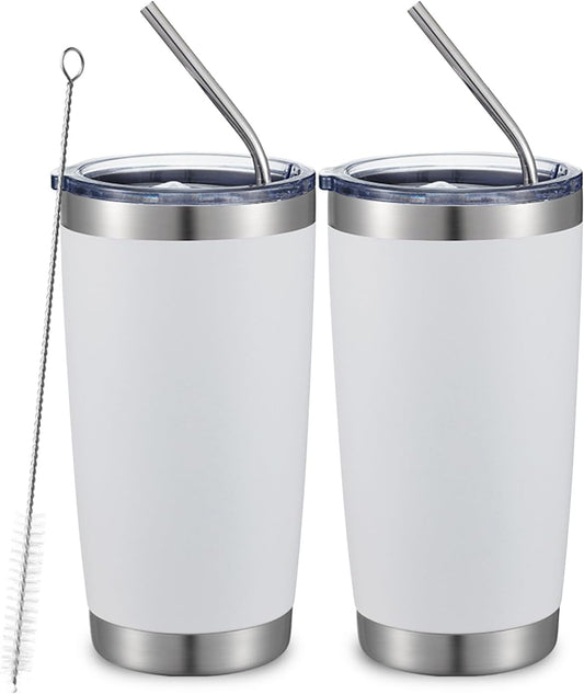 COMOOO 20oz Double Wall Vacuum Insulated Travel Mug, Stainless Steel Tumbler with Lid and Straw Durable Powder Coated Insulated Coffee Cup for Cold & Hot Drinks (White. 2 pack