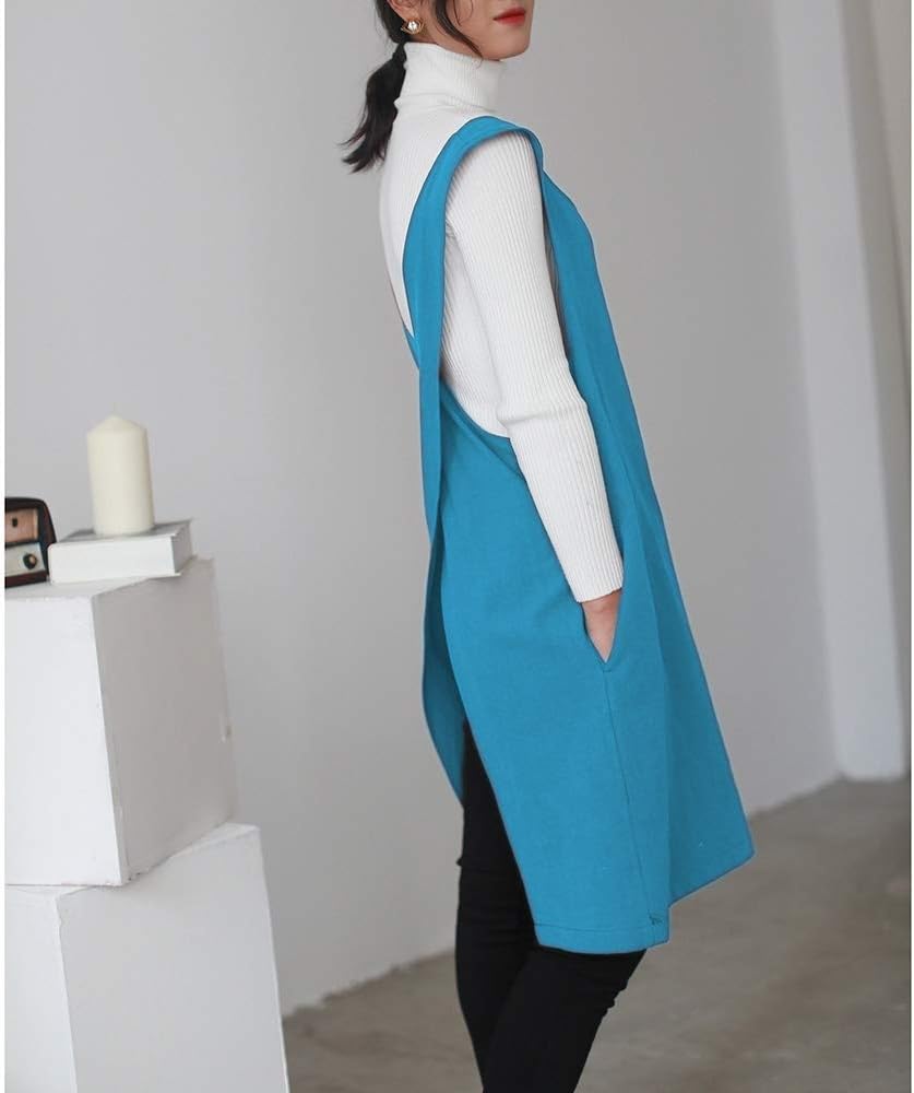 Cotton Linen Japanese Apron Halter Cross Back Bandage X Shape Aprons Two Pockets