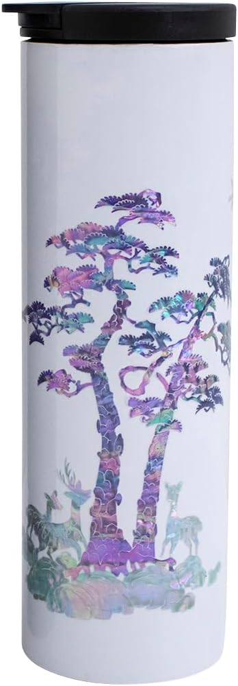 Mother of Pearl Design Stainless Steel Water Bottle 17 oz Leakproof Screw Cap Wide Mouth Double Wall Vacuum Insulated Travel Sport Water Flask Thermo Mug (Deer Pine White)