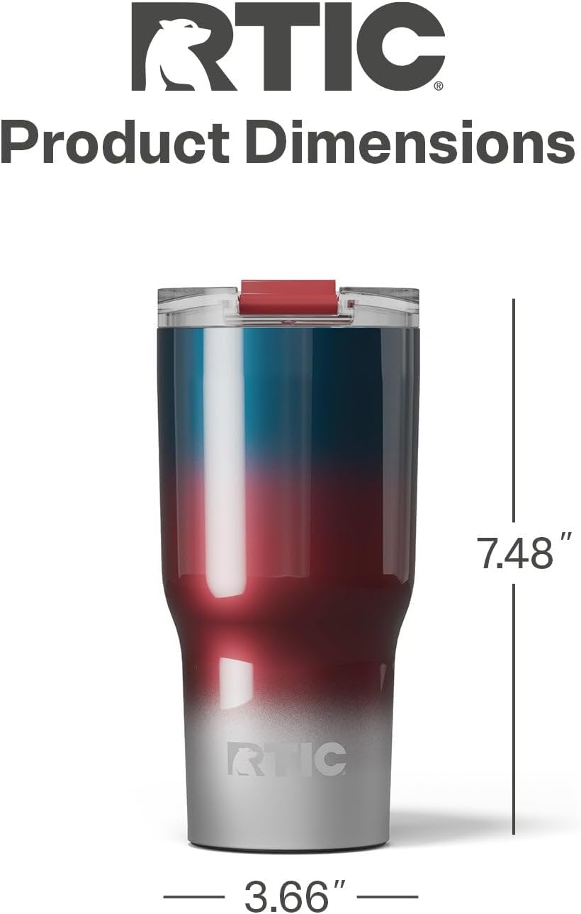RTIC 20oz Essential Tumbler with Lid, Insulated, Stainless Steel, Metal, Double Wall Vacuum-Insulation, Ceramic Lined, Travel Cup for Iced Coffee, Tea, Hot and Cold Drink, Patriot Metallic