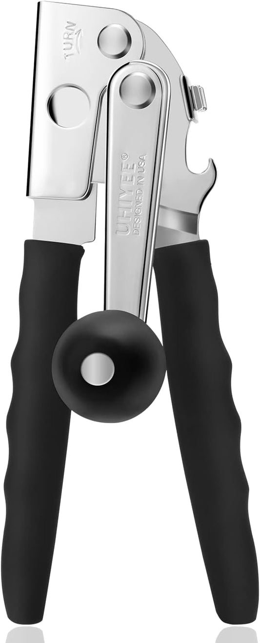 Commercial Can Opener, UHIYEE Hand Crank Can Opener Manual Heavy Duty with Comfortable Extra-long Handles, Oversized Knob, Large Handheld Can Open Easy for Big Cans, Black
