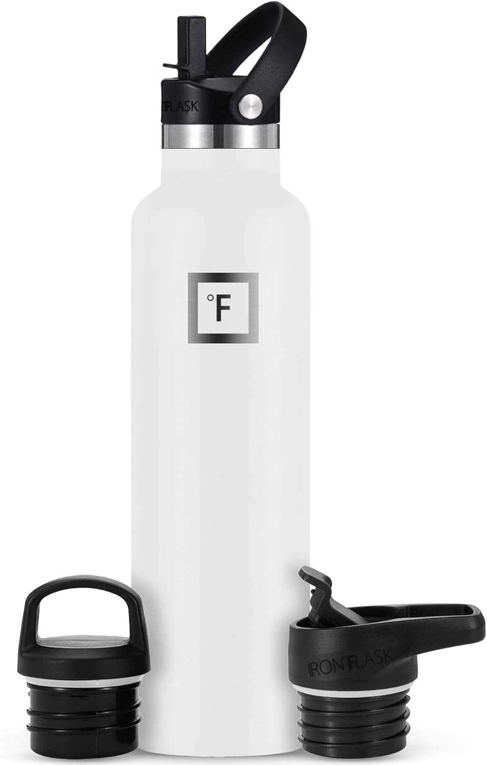 IRON °FLASK Camping & Hiking Hydration Canteens - 3 Lids (Narrow Straw Lid) Leak Proof Vacuum Insulated Stainless Steel - Hot & Cold Double Walled Sports Water Bottle - Winter White, 24 Oz
