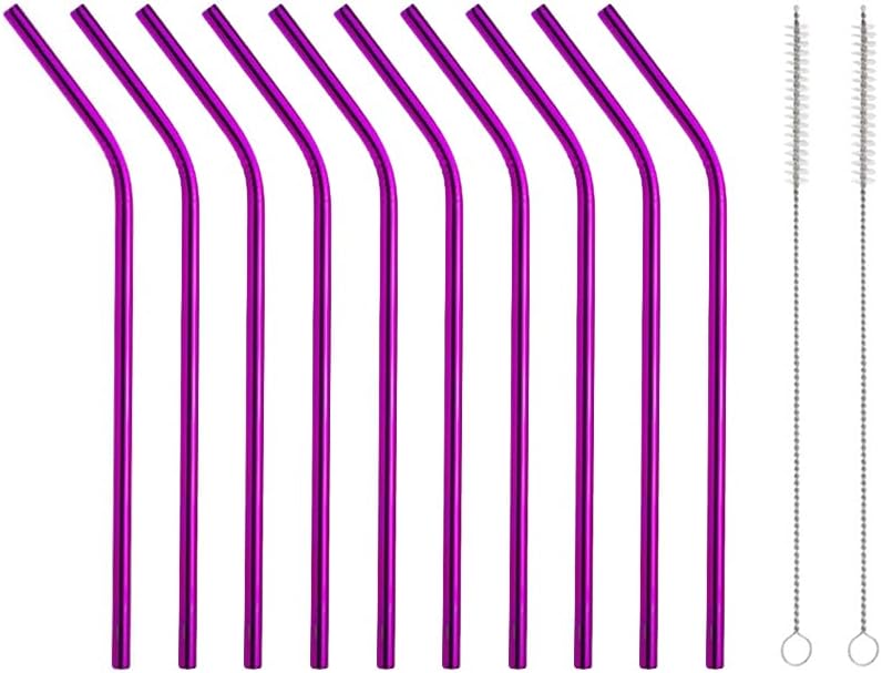 10 Pcs Stainless Steel Straws, Reusable Drinking Straws, Bent Metal Straw Sets with 2 Pcs Cleaning Brushes (Rose Red, 10.5 Inch)