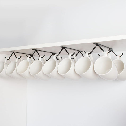 Cabinet Hook Mug Holder - Hanging Coffee Cup Rack for Kitchen, Under Cabinets Metal Hangers Organizer Shelf Storage Utensil (Black)