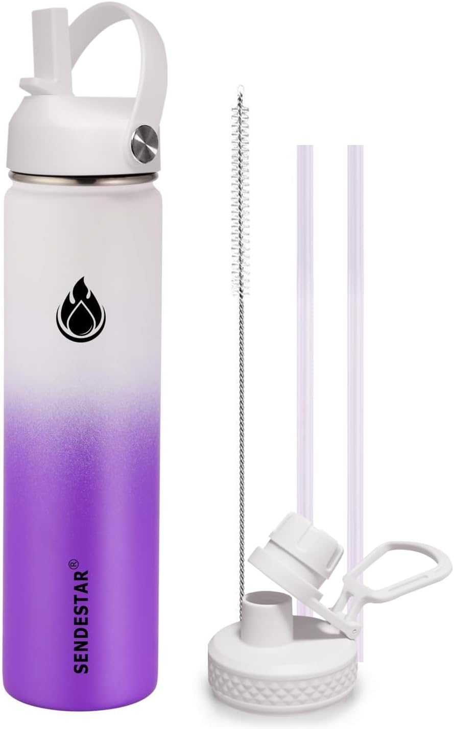 SENDESTAR Stainless Steel Wide Mouth Water Bottle 24oz Double Wall Vacuum Insulated Leak Proof Bottle with New Flex Straw Lid & Spout Lid