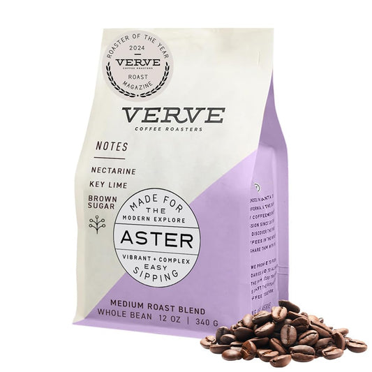 Verve Whole Bean Coffee | Aster Blend | Medium Roast Coffee Beans, Brewed or Espresso | Ethiopian Blend, Resealable Pouch | Hot or Cold Brew | Nectarine, Key Lime & Brown Sugar Notes | 12oz Bag