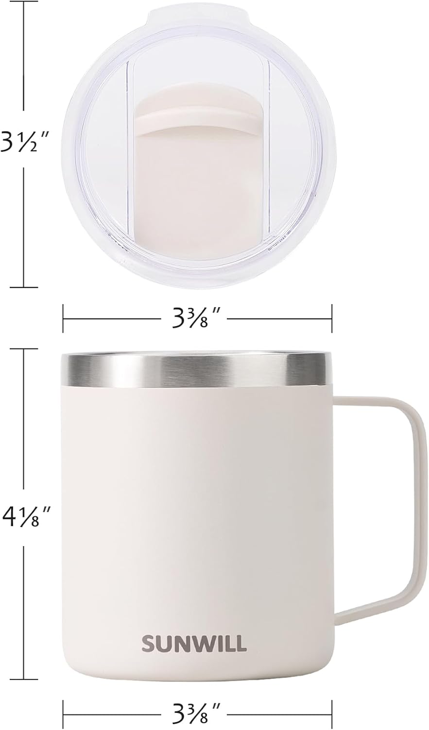 SUNWILL Travel Coffee Mug with Lid, Insulated Tumbler with Handle, 14 oz Stainless Steel Cup for Home, Office, Camping, Powder Coated Cream