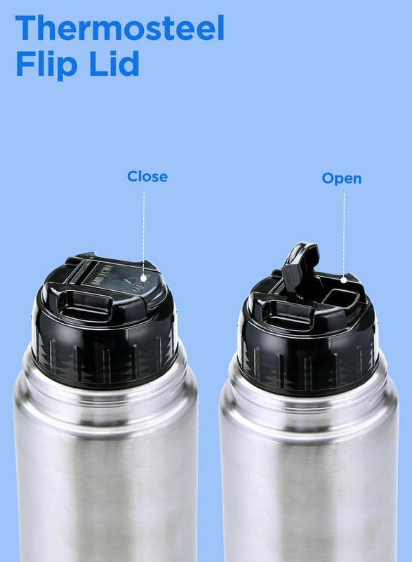 Milton Thermosteel Flip Lid 500, Double Walled Vacuum Insulated Thermos 500 ml | 16 oz | 24 Hours Hot and Cold Water Bottle with Cover, Stainless Steel, BPA Free, Leak Proof | Silver