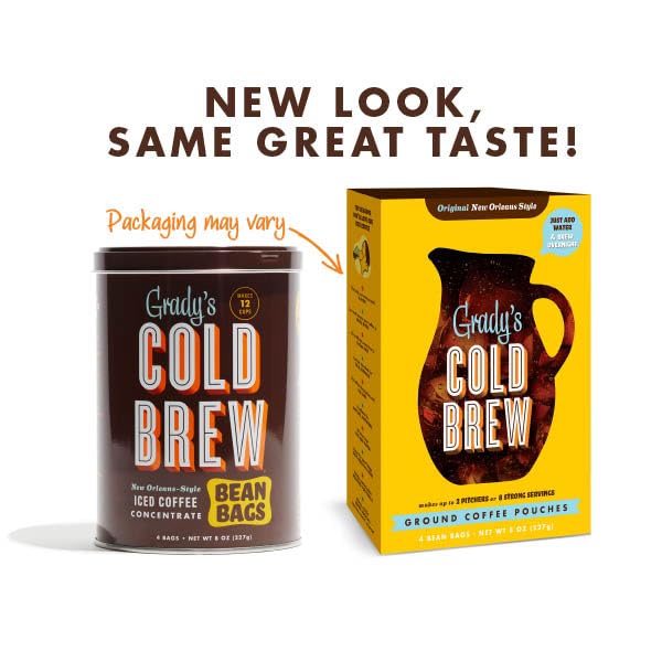 GRADY’S COLD BREW, New Orleans Style, 100% Arabica Ground Coffee & Chicory Pouches, One Box of Four Easy-to-Brew Bean Bags, Makes 12 drinks