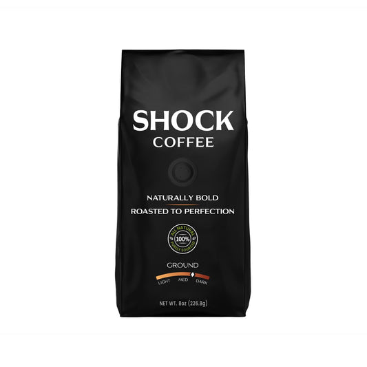 Shock Coffee Naturally Bold | Extra High Caffeine Strong Coffee | Medium Dark Roast Ground | Premium Arabica | 8 ounce