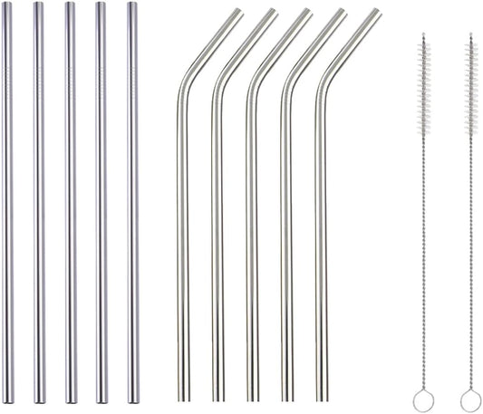 10 Pcs Stainless Steel Straws, Reusable Drinking Straws, 5 Straight + 5 Bent Metal Straws Set With 2 Pcs Cleaning Brushes (Silver, 8.5 Inch)