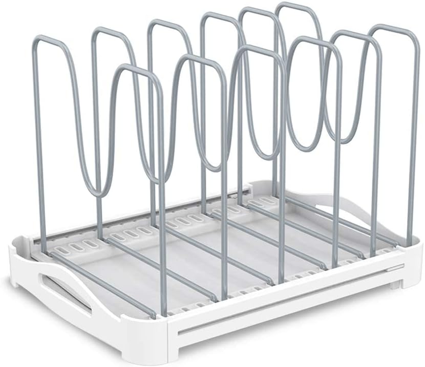 EVERIE Adjustable Bakeware Organizer Pot Lid Holder Rack for Pots, Cake Molds, Cutting Boards, Mats, Cookware, GS02SS, 7.7'' Deep by 12.6'' to 21.5'' Wide