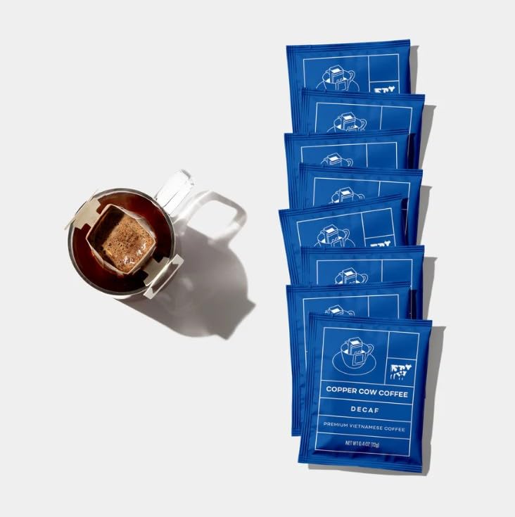 Copper Cow Coffee Pour Over Single-Serve Vietnamese Coffee Pouches (8 pack) | Decaf | Dark Roast | Convenient Vietnamese Ground Coffee Packets