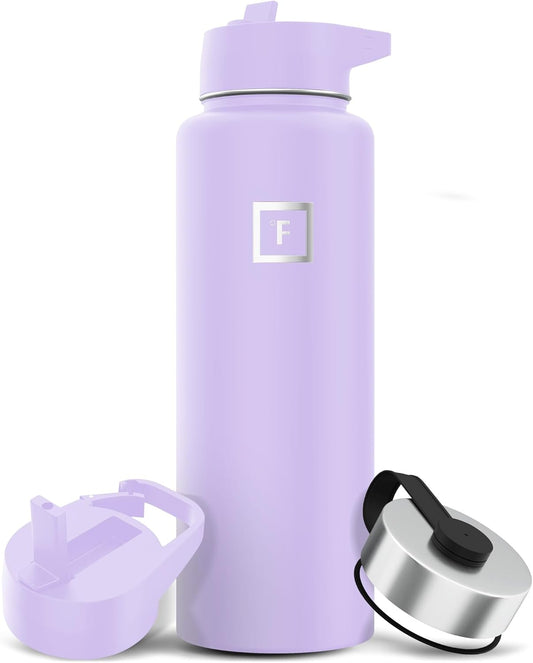 IRON °FLASK Camping & Hiking Hydration Flask with 3 Lids - Stainless Steel, Double Walled & Vacuum Insulated Water Bottle - Leak Proof & BPA Free (Lavender, Straw - 40 oz)
