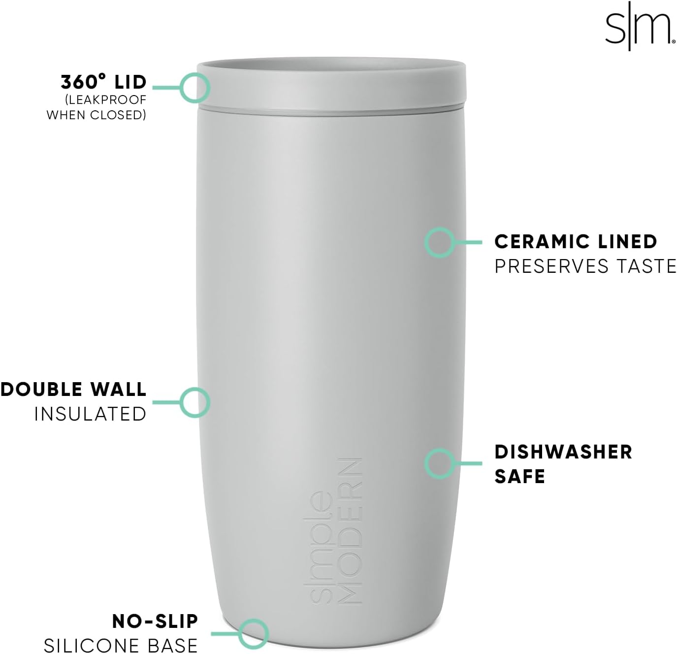 Simple Modern Travel Coffee Mug Tumbler with 360° Lid | Ceramic-Lined Insulated Stainless Steel Cold Brew Iced Coffee Cup Thermos | Gifts for Women Men Her Him | Voyager Signature | 16oz | Ice Gray