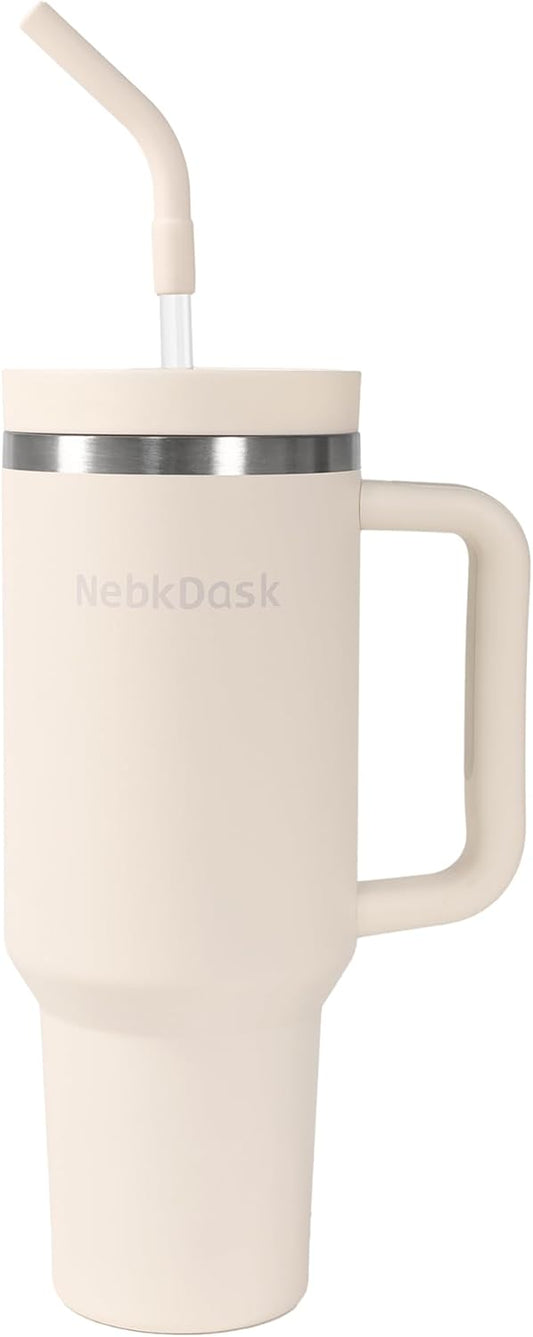 40 oz Water Bottle with Handle & Straw – Insulated Stainless Steel Bottle, Leakproof, Fits in Cup Holder – Reusable Cold Drink Thermos for Women & Men (off-White)