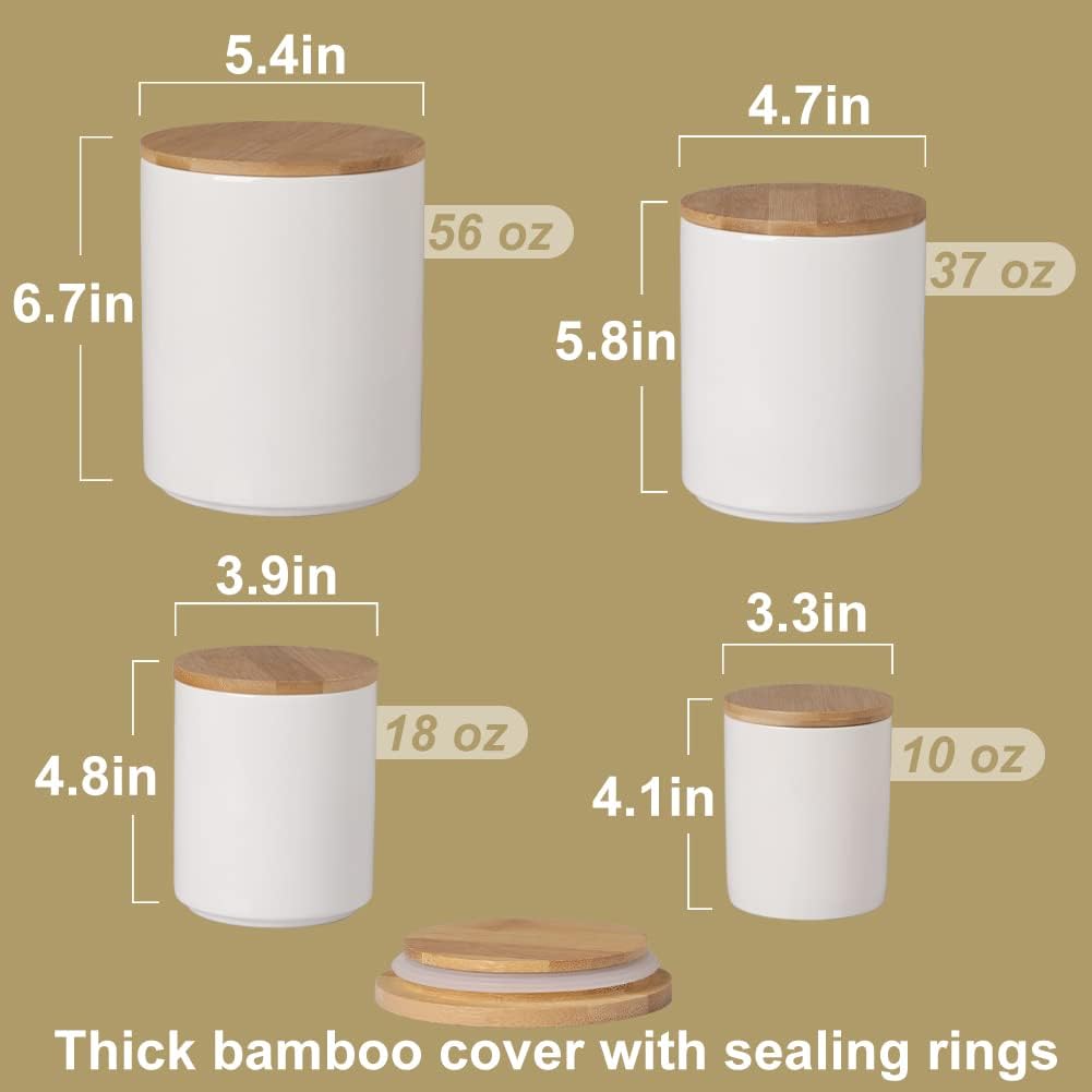 Sweejar Ceramic Canisters Set, Food Storage Jars with Airtight Seal Bamboo Lid, Stackable Containers for Kitchen Counter, Ground Coffee, Flour, Sugar, Cookie, Dog Treats, Candy, Pack of 4 (White)