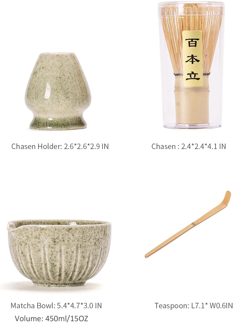 TANG PIN Matcha Set - Match Bowl with Spout and Whisk, 15 OZ, Matcha Scoop | Matcha Whisk Stand (Chasen Holder) - 4pc Perfect Matcha Kit for Matcha Tea Ceremony (Mottled Green)