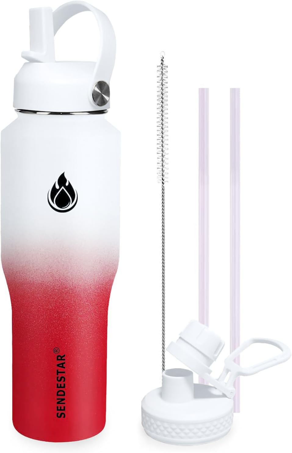 SENDESTAR 32oz Water Bottle Wide Mouth Stainless Steel Vacuum Insulated Double Wall with 2 Straw Lids Fit in Any Car Cup Holder TXIN-32-WR-1