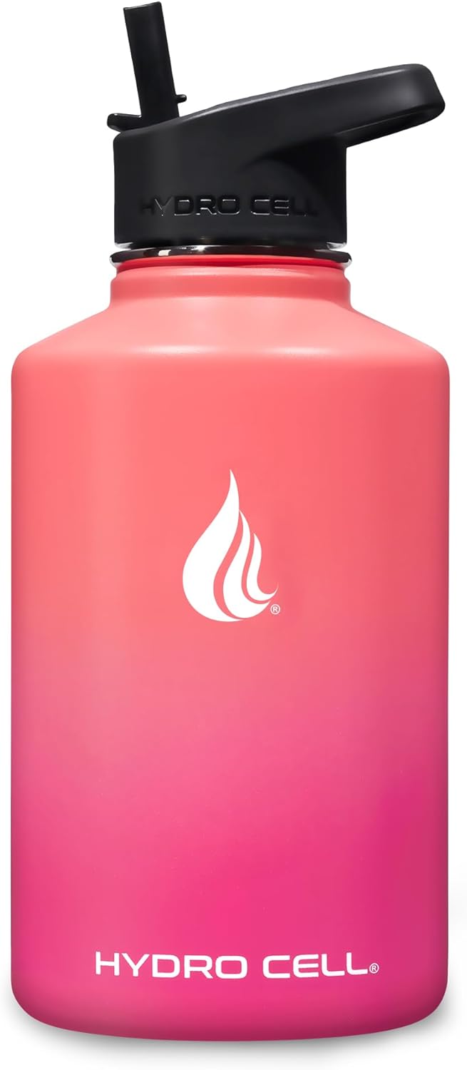 HYDRO CELL Stainless Steel Insulated Water Bottle with Straw - For Cold & Hot Drinks - Metal Vacuum Flask with Screw Cap and Modern Leakproof Sport Thermos for Adults (Coral/Punch 64oz)