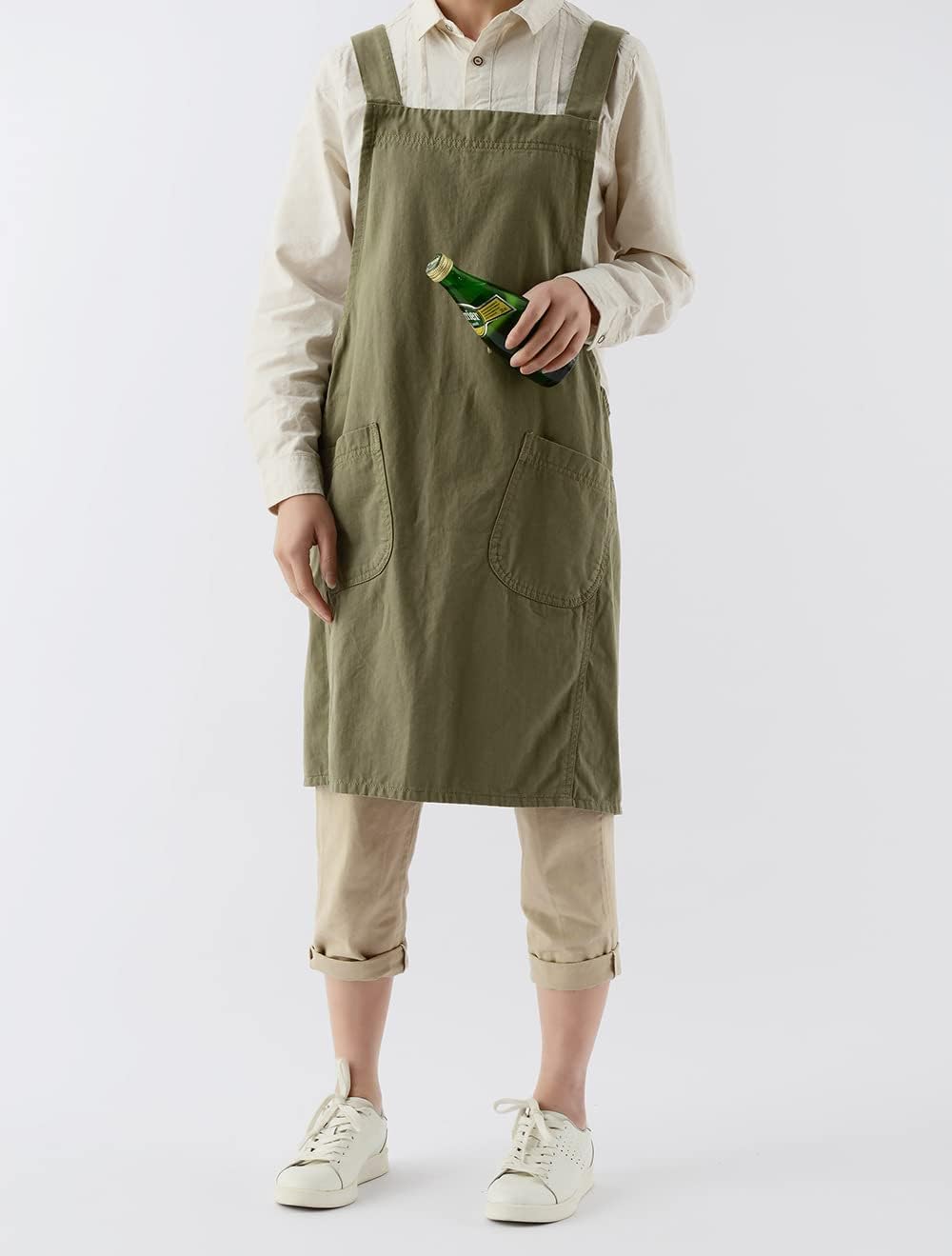 Soft Cotton Linen Apron for Women - Non-tie Cross Back Apron with Pockets, Great for Florist and Kitchen