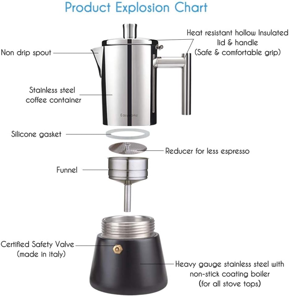 Easyworkz Diego Stovetop Espresso Maker Stainless Steel Italian Coffee Machine Maker 6Cup 10 oz Moka Pot Induction Espresso Pot