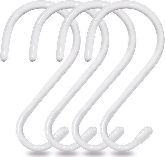 4 Pack Large S Hooks for Hanging Heavy Duty, 6 inch Non Slip Vinyl Coated Metal Closet S Hooks for Hanging Kitchen Utensil Pot Pan Cups Clothes Jeans Towels Hats Bags Plants (White)