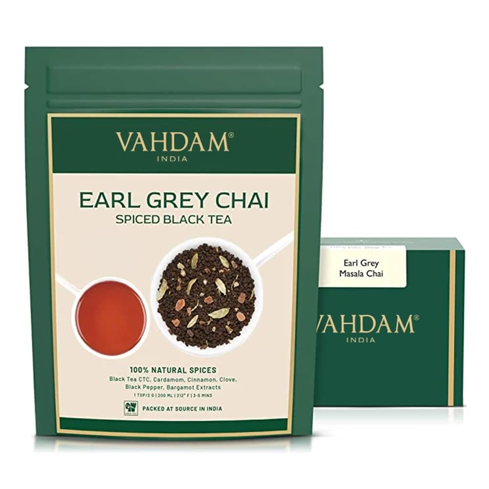 VAHDAM Earl Grey Masala Chai - High Caffeine, Non GMO, Gluten Free | Citrusy Earl Grey Tea Leaves w/ Pure Bergamot Oil | Brew Hot, Iced or Chai Latte | Vacuum Sealed Pack (50 Cups/3.53 oz)