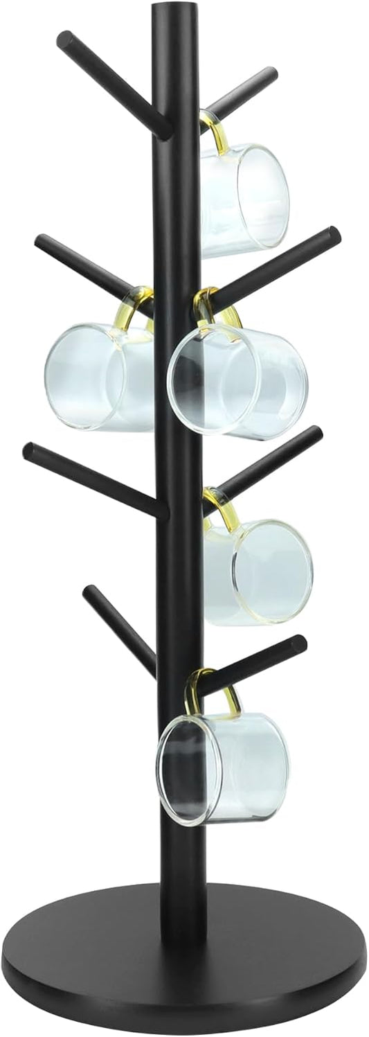 QWORK Wooden Mug Holder Tree with 8 Hooks - Black, Non-Slip Padded Base, Multipurpose Organizer for Mugs, Donuts, and Jewelry