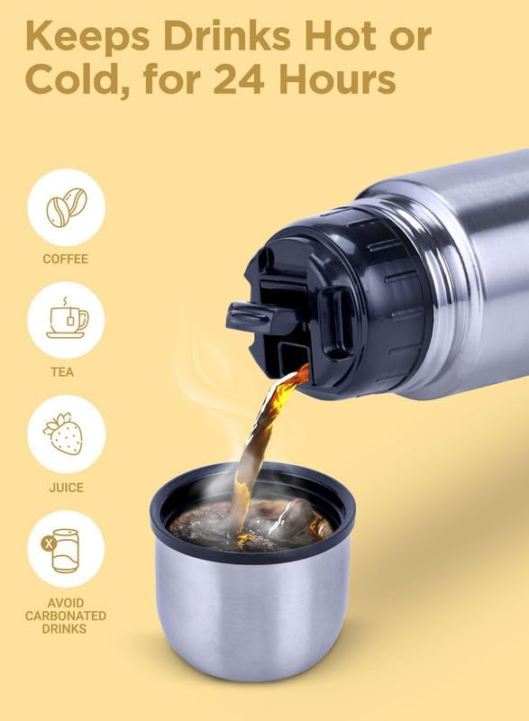 Milton Vacuum Flask for Hot Drink 1 litre (34 oz), Stainless Steel Double Walled Insulated Water Bottle for 24 Hour Hot and Cold drinks with cover, Leak proof, Thermosteel Flip Lid 1000 ml Set of -2
