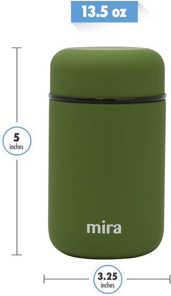 MIRA Insulated Food Jar Thermo for Hot Food & Soup, Compact Stainless Steel Vacuum Lunch Container for Meals To Go - 13.5 oz, Olive Green