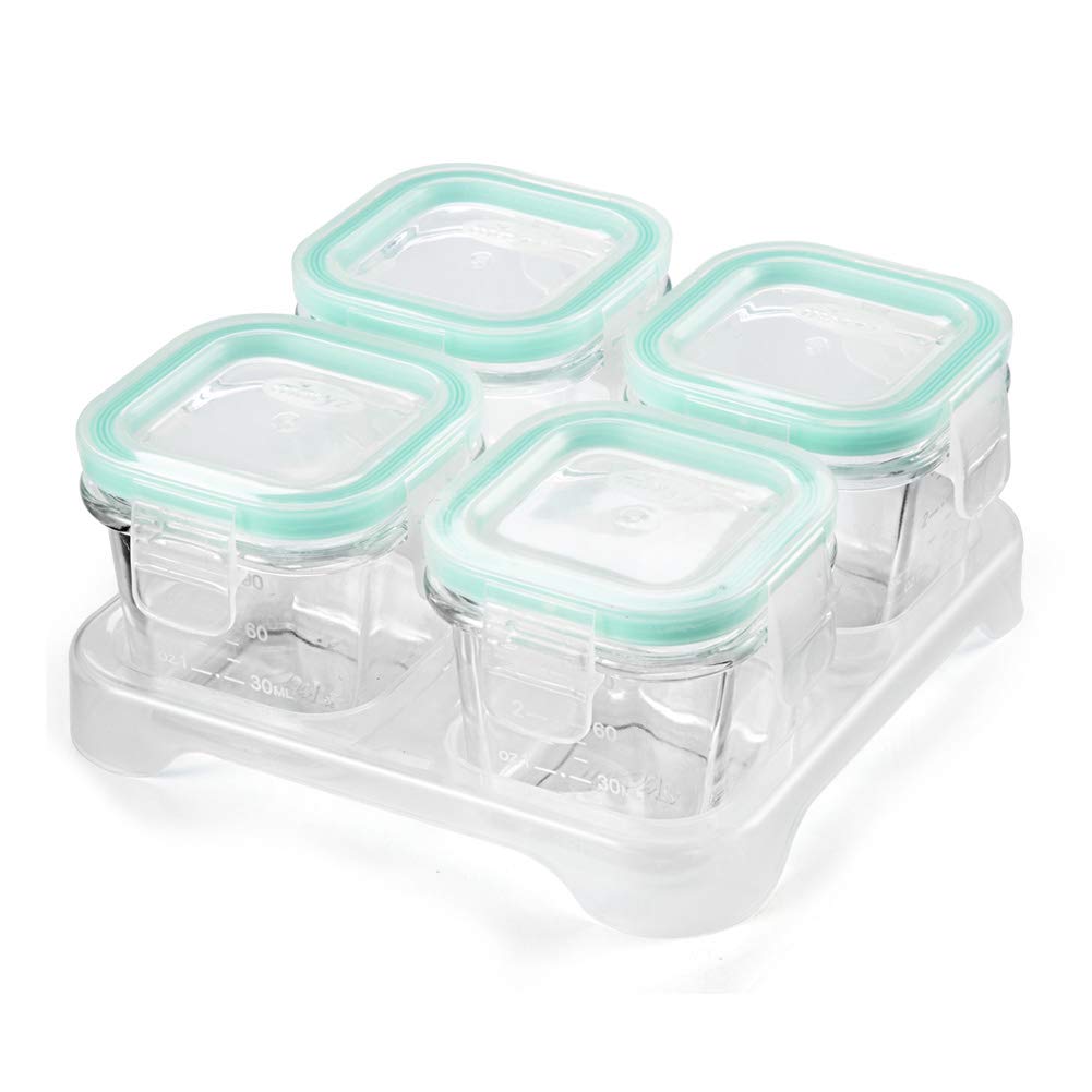 Matyz 4-Pack Glass Baby Food Containers with Airtight Lids and Stackable Tray (Mint Green, 3 OZ Each) - Glass Food Containers Freezer Safe for Baby Toddler - Stackable Baby Food Containers Glass