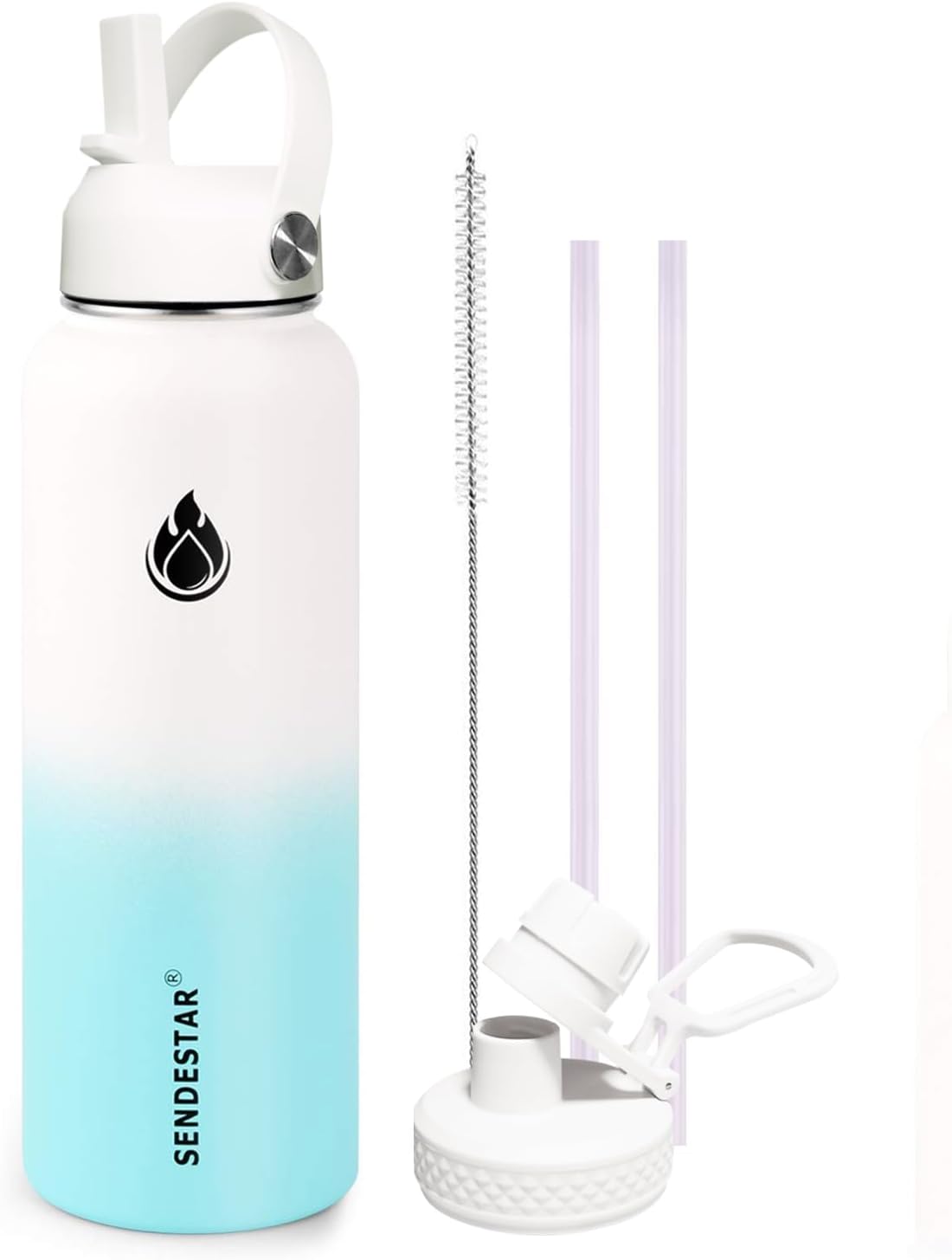 SENDESTAR Water Bottle 32oz Double Wall Vacuum Insulated Leak Proof Stainless Steel Sports Water Bottle—Wide Mouth with New Flex Straw Lid & Spout Lid (White&Tiffany)