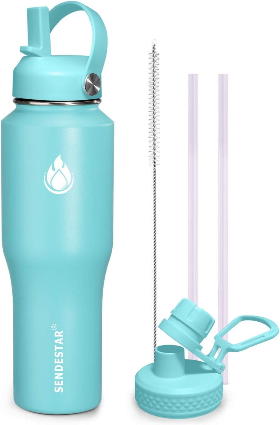 SENDESTAR 32oz Water Bottle Wide Mouth Stainless Steel Vacuum Insulated Double Wall with 2 Straw Lids Fit in Any Car Cup Holder TXIN-32-MT-1