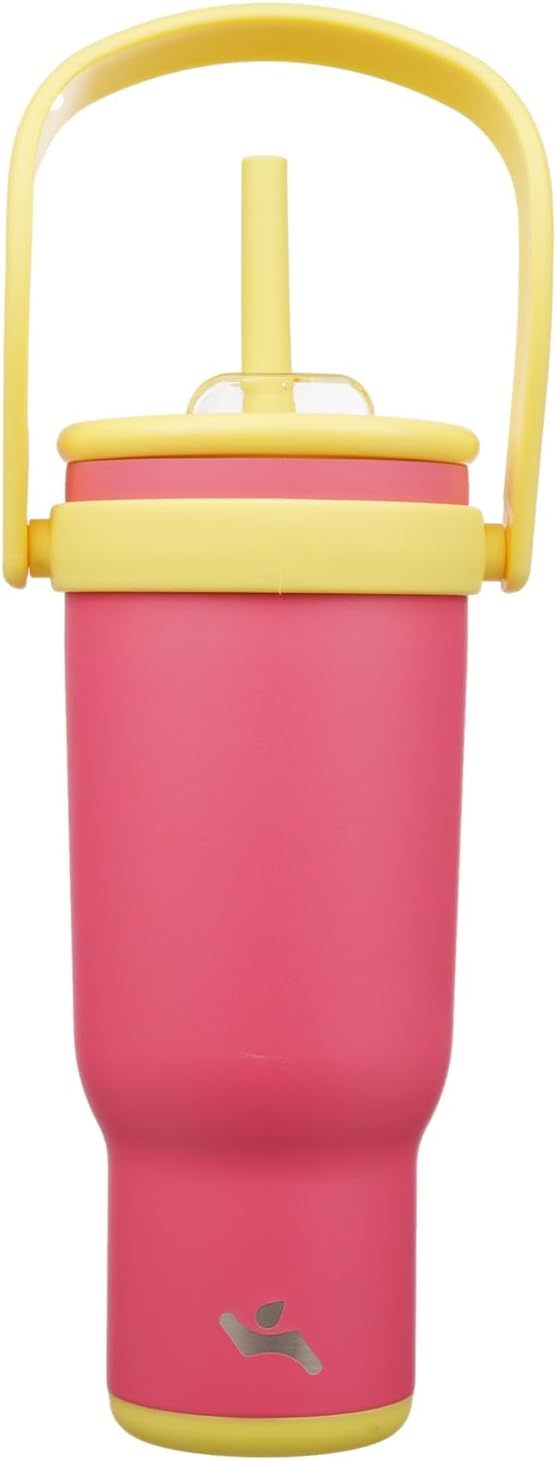40 oz Tumbler with Side Handle, Insulated Water Bottle with Straw and 2 in 1 Lid, Stainless Steel Cup Travel Coffee Mug for Sports Office Gym,Rose Pink