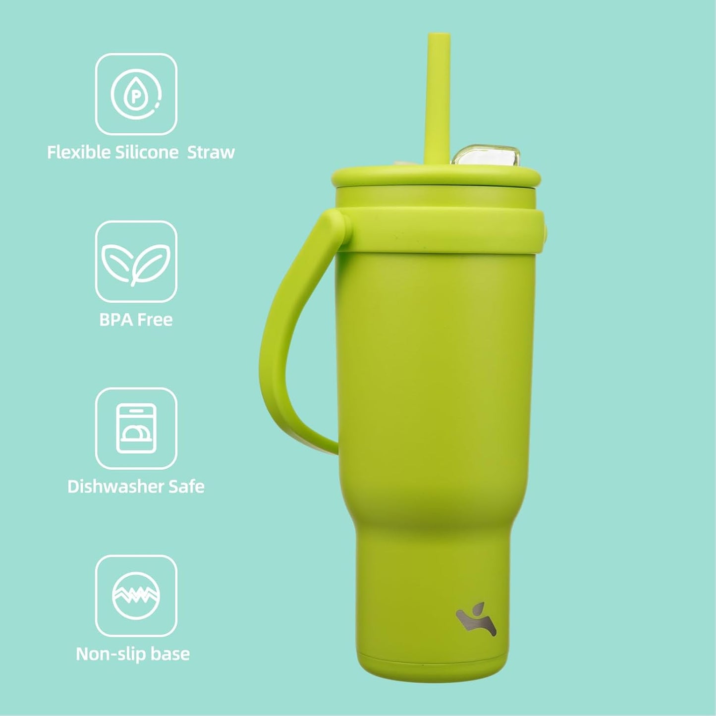 40 oz Tumbler with Side Handle, Insulated Water Bottle with Straw and 2 in 1 Lid, Stainless Steel Cup Travel Coffee Mug for Sports Office Gym,Green